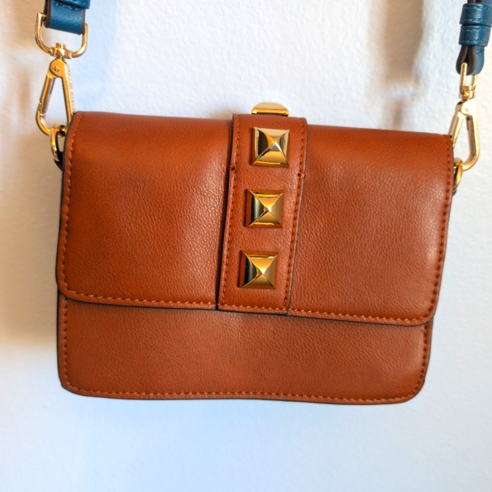 Steve Madden Crossbody Cognac and teal blue gold studded purse / handbag NWOT